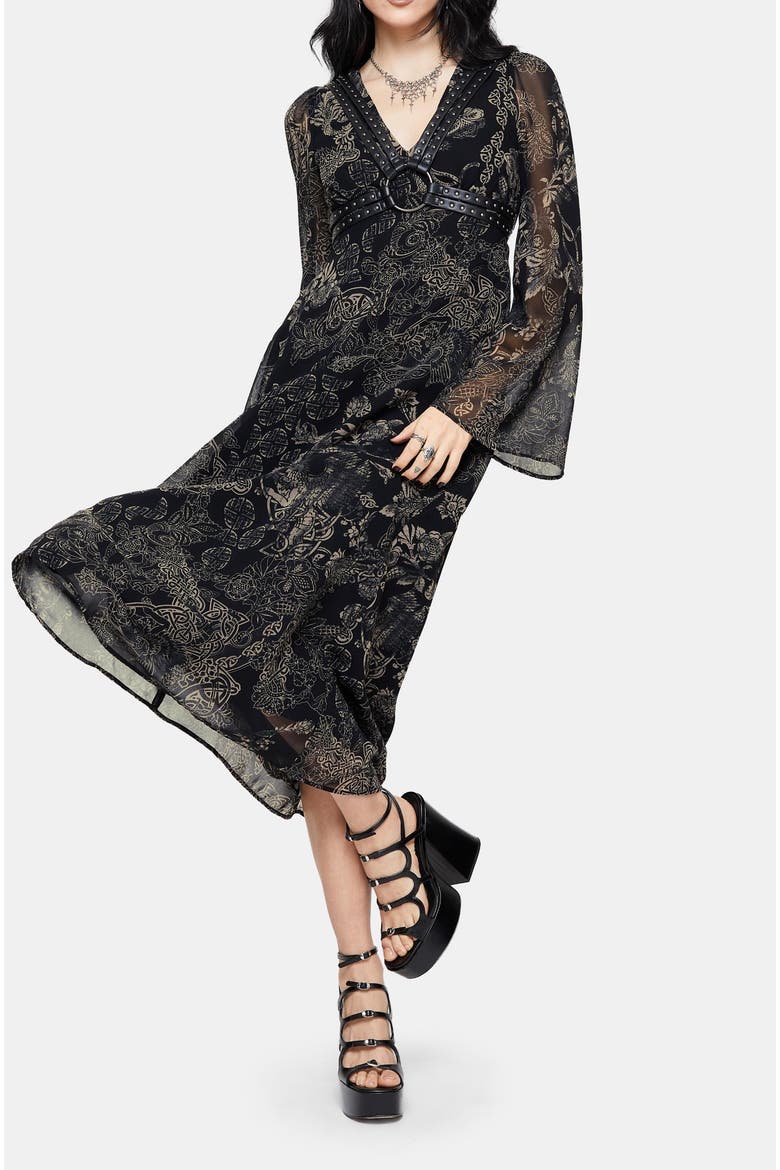 Surge Celtic Ruffle Neck Midi Dress, Main, color, Black