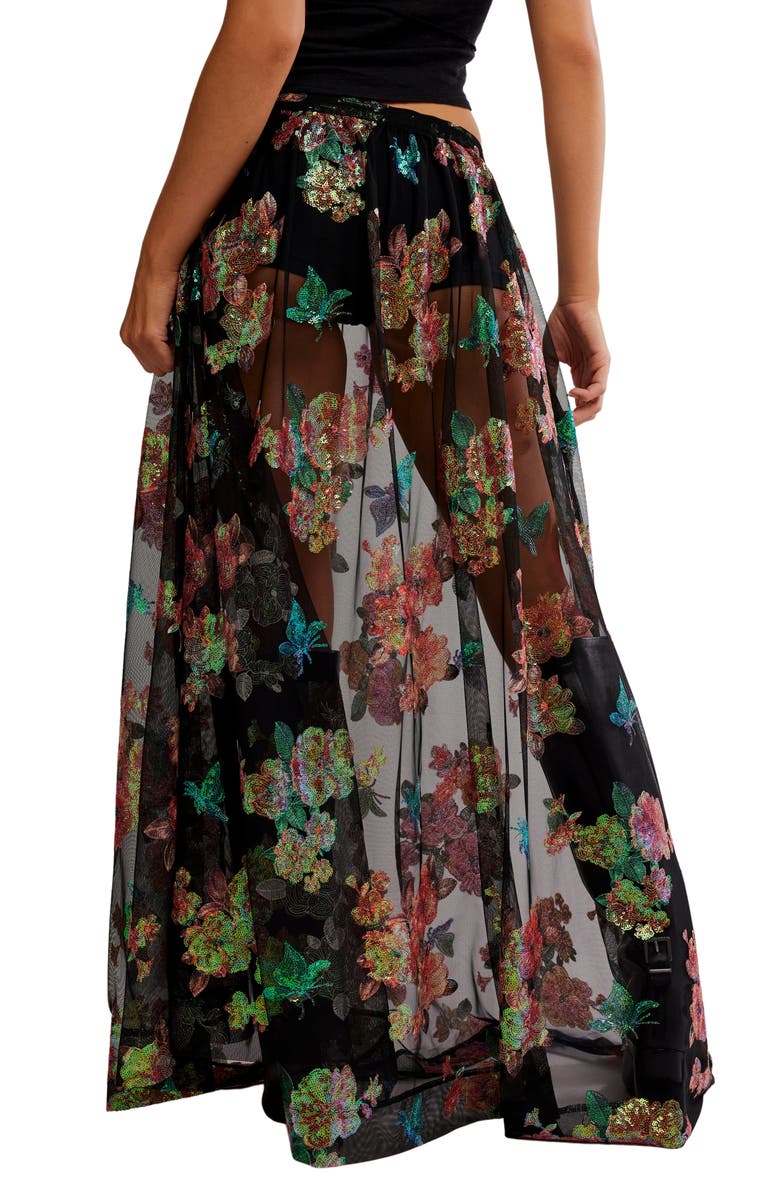 Free People Fioritura Sequin Floral Sheer Maxi Skirt, Alternate, color, Black