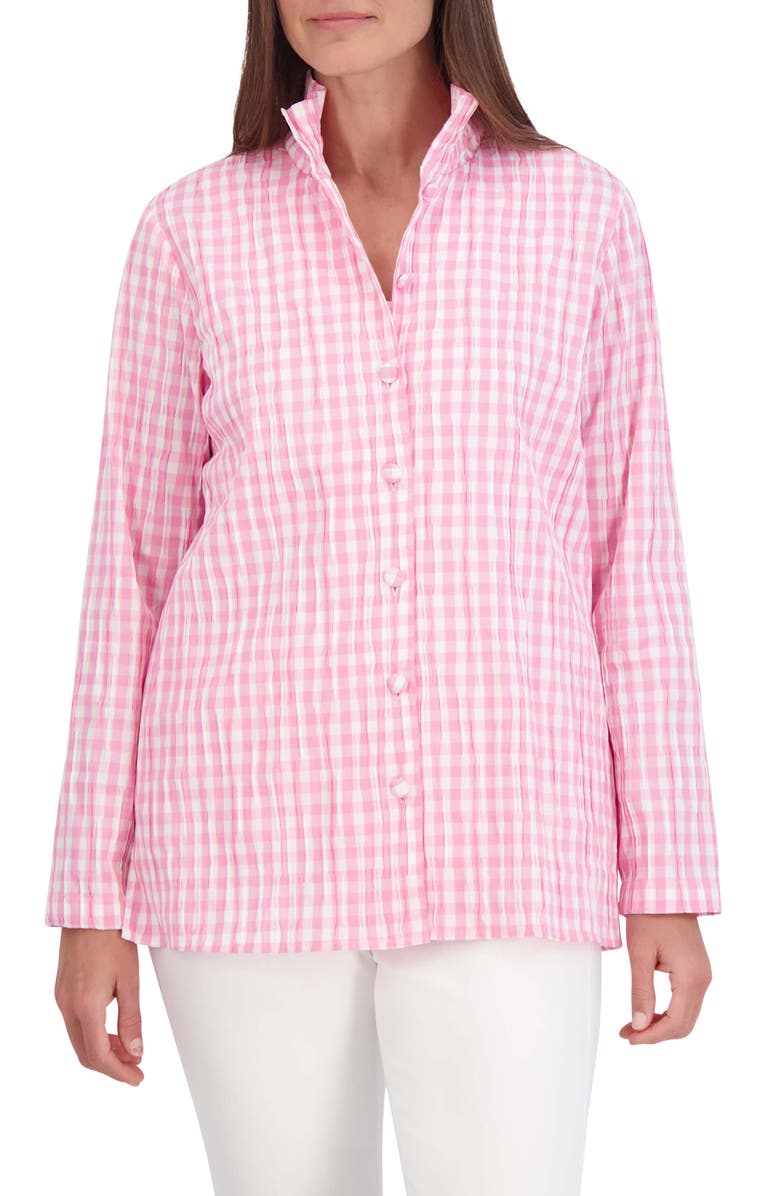 Foxcroft Carolina Crinkled Gingham Cotton Blend Button-Up Shirt, Main, color, 
