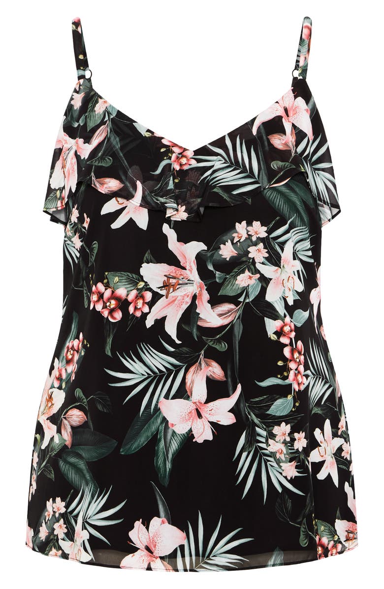 City Chic Violet Ophelia Floral Ruffle Camisole, Alternate, color, Black Print