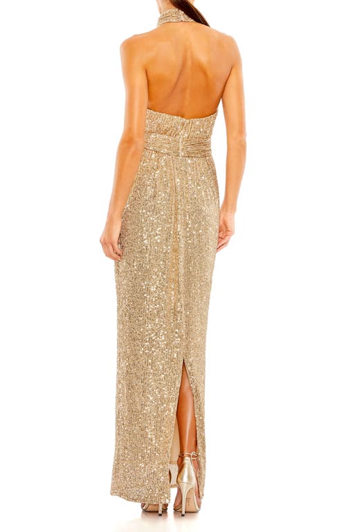 Mac Duggal Sequined Halter Neck Belted Soft Tie Dress In Champagne