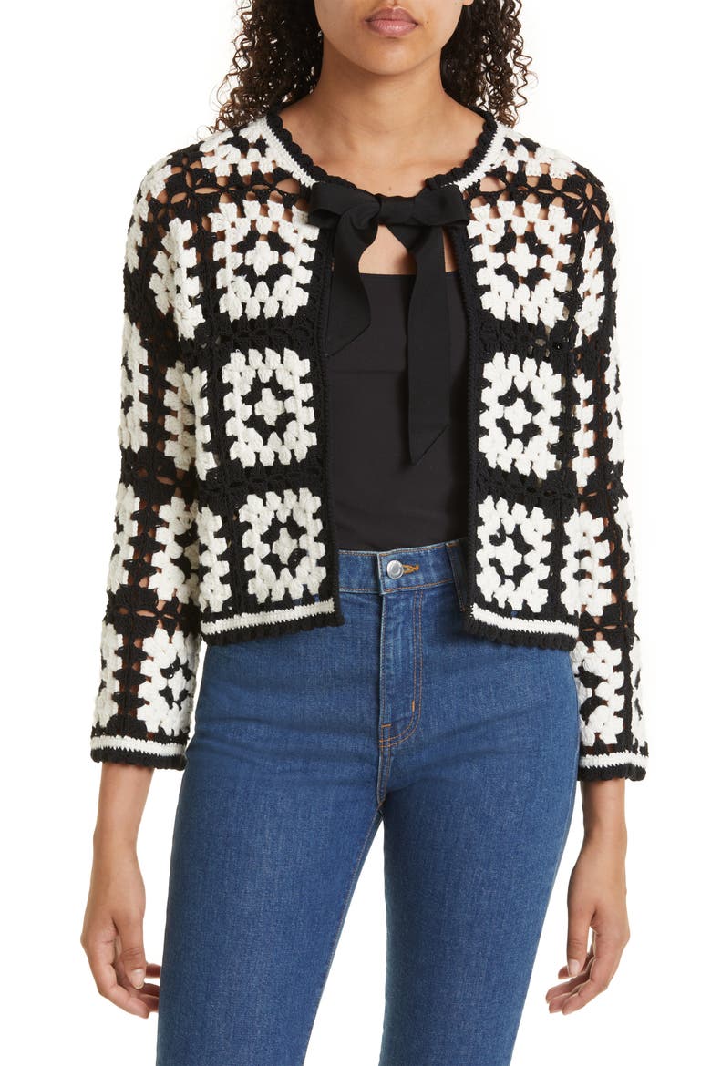 Anderson Crochet Crop Cardigan, Main, color, BLACK/ SOFT WHITE