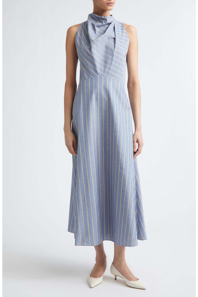 Striped Heathered Cotton & Linen Draped Halter Dress, Main, color, BLUEBELL
