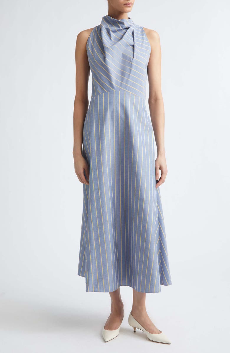 Lela Rose Striped Heathered Cotton & Linen Draped Halter Dress, Main, color, Bluebell