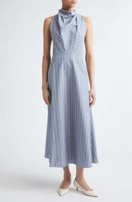 Lela Rose Striped Heathered Cotton & Linen Draped Halter Dress