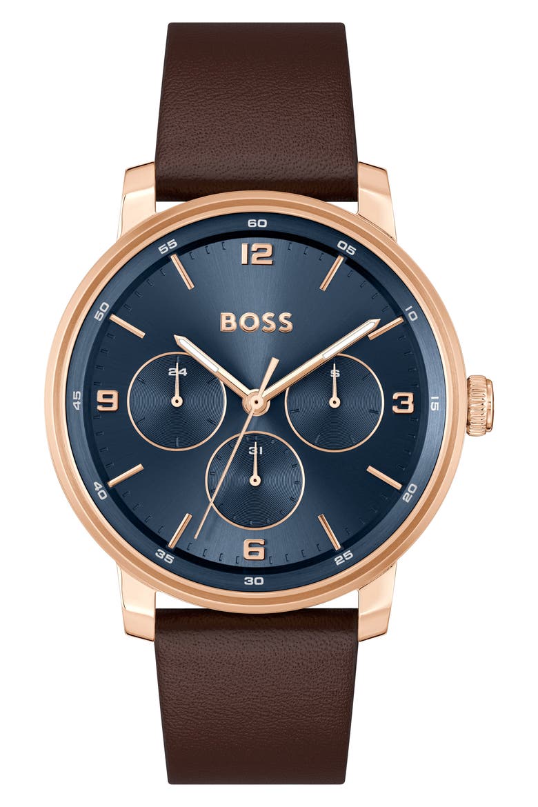 Contender Leather Strap Watch, 44mm, Main, color, BLUE DIAL