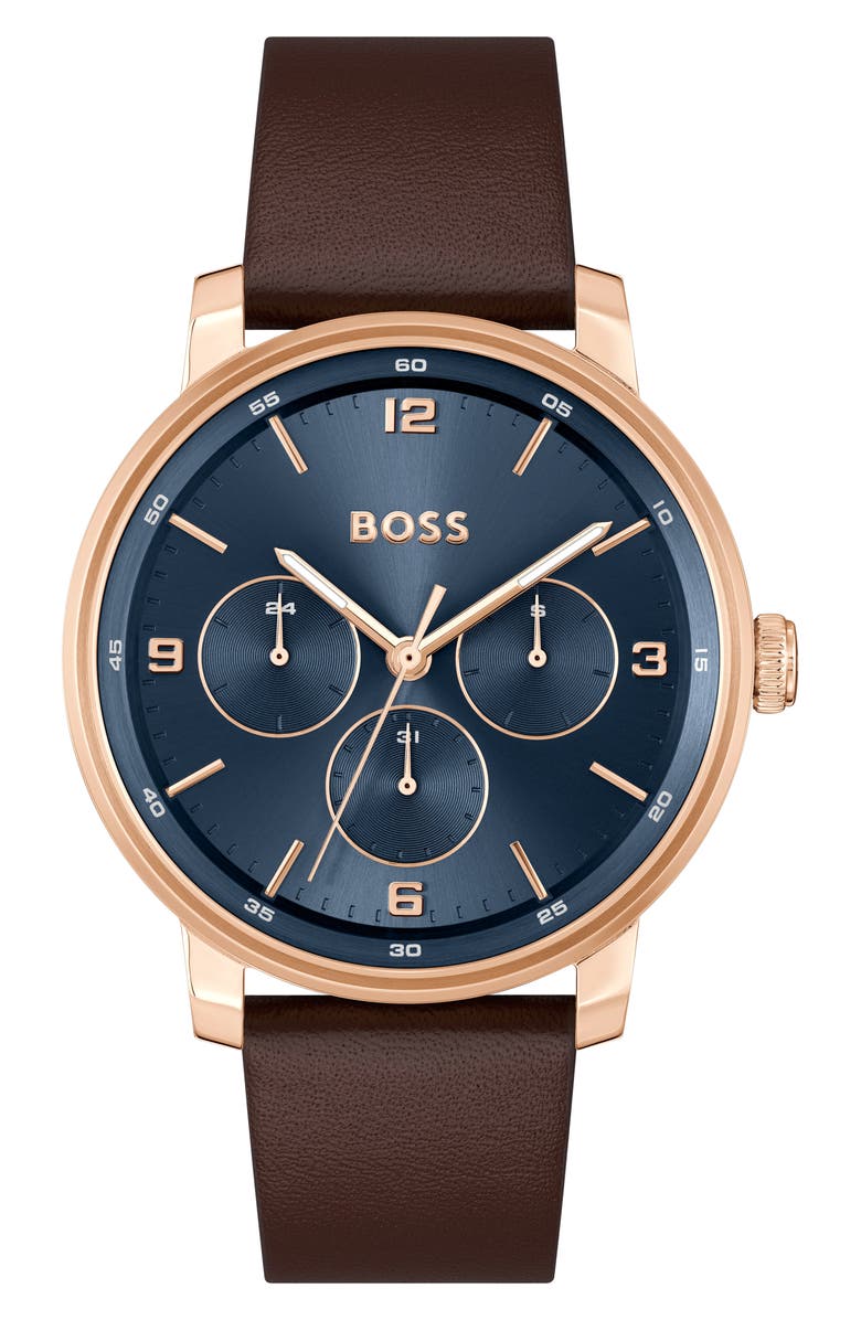 BOSS Contender Leather Strap Watch, 44mm, Main, color, 