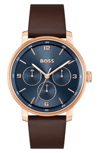 Hugo Boss Men's Contender Quartz Multifunction Brown Leather Watch 44mm In Blue