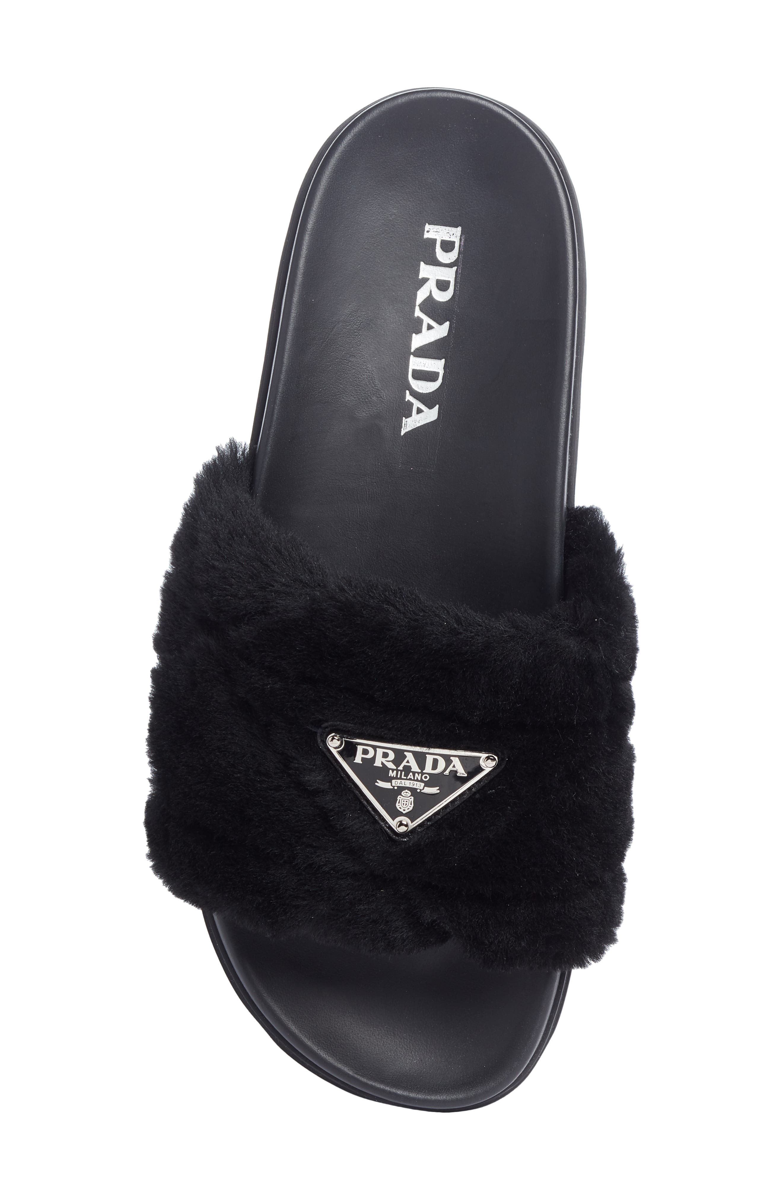 Prada Logo Genuine Shearling Slide Sandal, Alternate, color, 