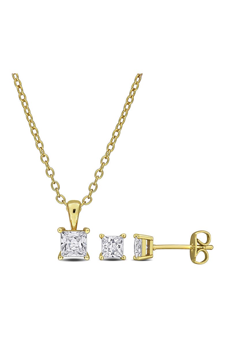 Square Cubic Zirconia Stud Earrings & Pendant Necklace Set, Main, color, GOLD