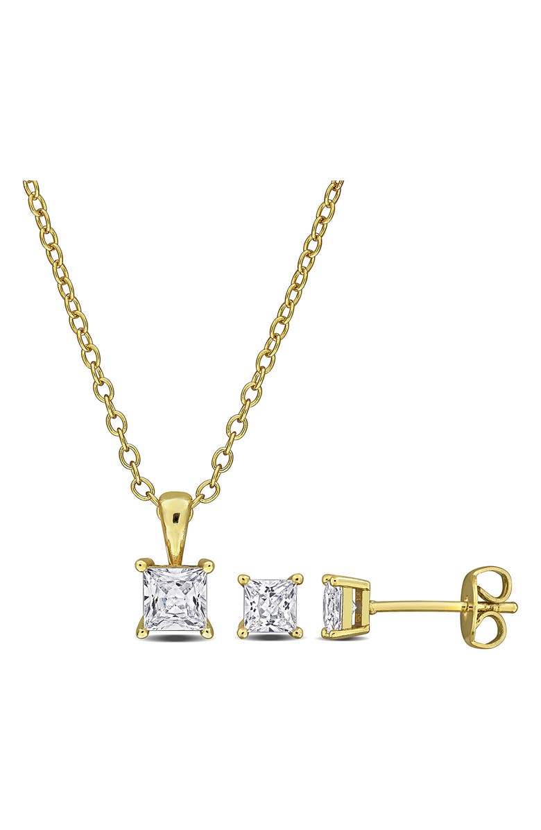DELMAR Square Cubic Zirconia Stud Earrings & Pendant Necklace Set, Main, color, Gold
