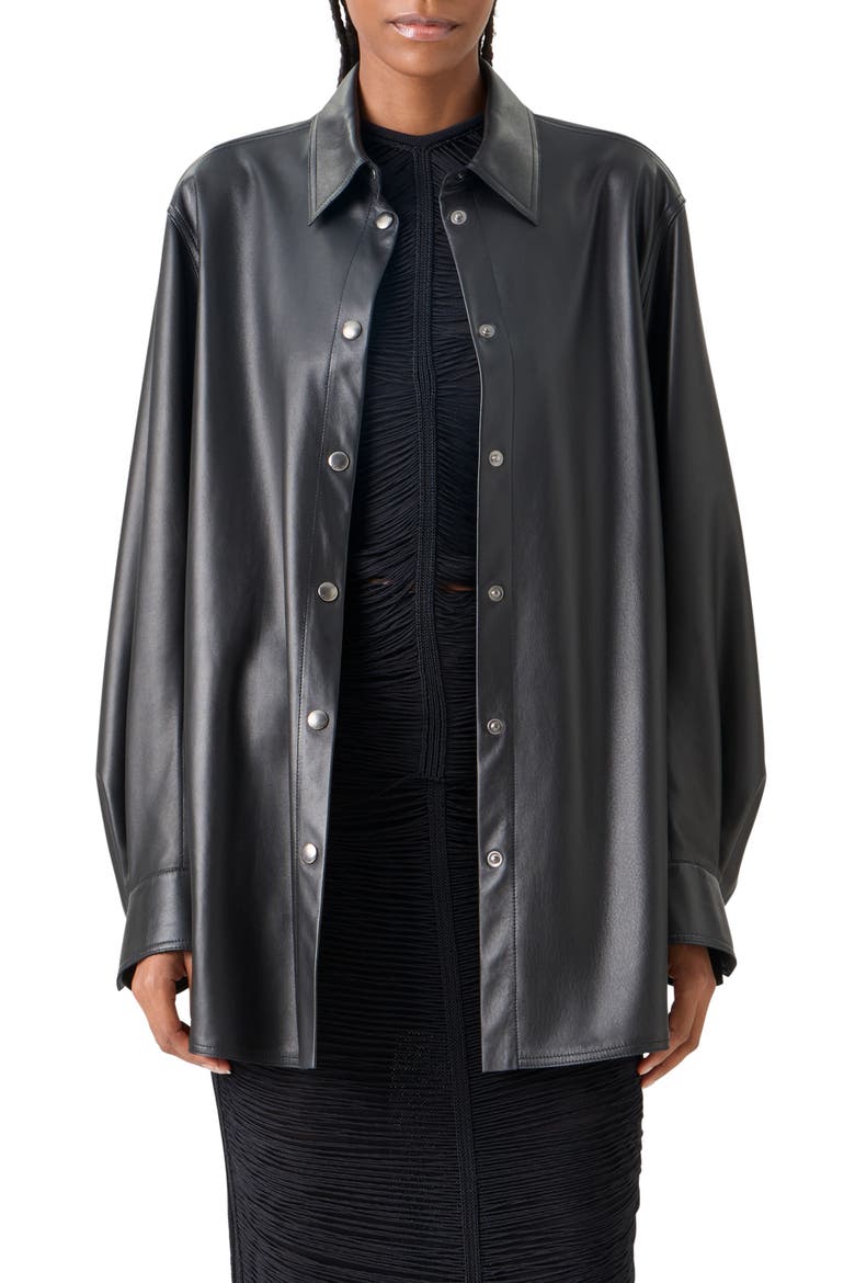 Oversize Lambskin Leather Snap Front Overshirt, Main, color, BLACK