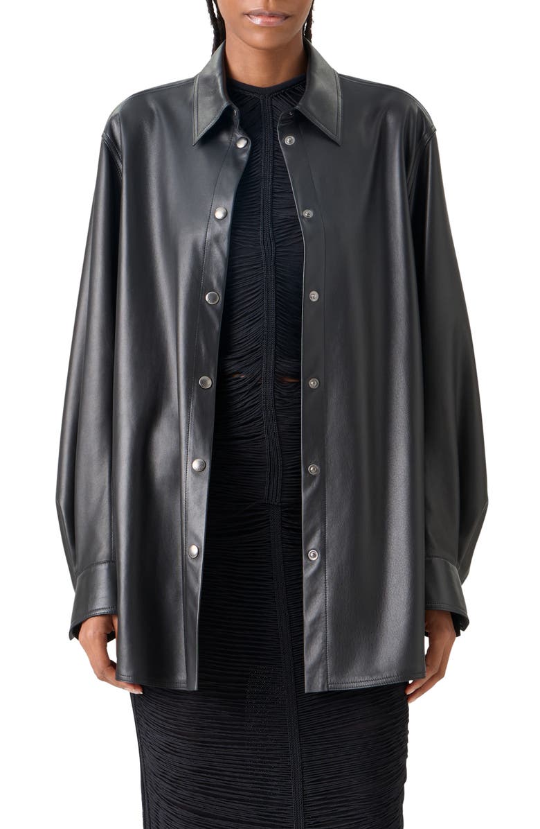 Akris Oversize Lambskin Leather Snap Front Overshirt, Main, color, Black