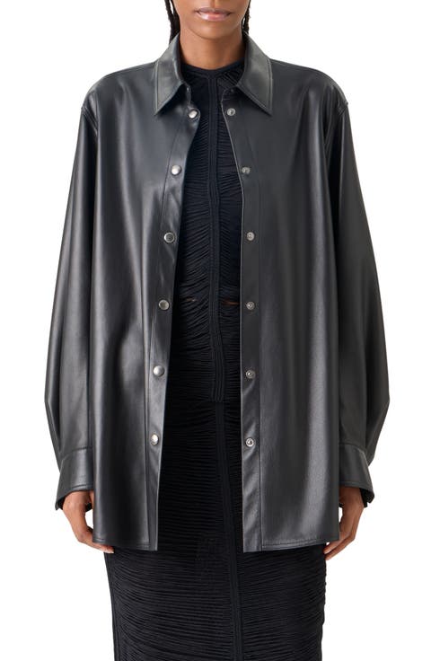 Oversize Lambskin Leather Snap Front Overshirt