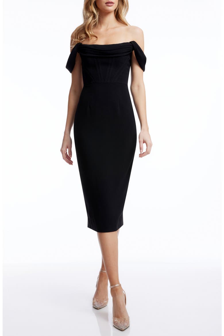 Vickie Off the Shoulder Midi Corset Dress, Alternate, color, BLACK