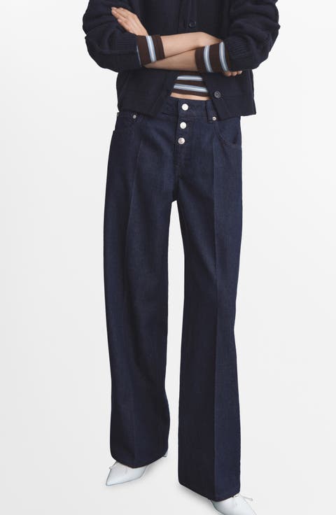Exposed Button Low Rise Straight Leg Jeans (Open Blue)