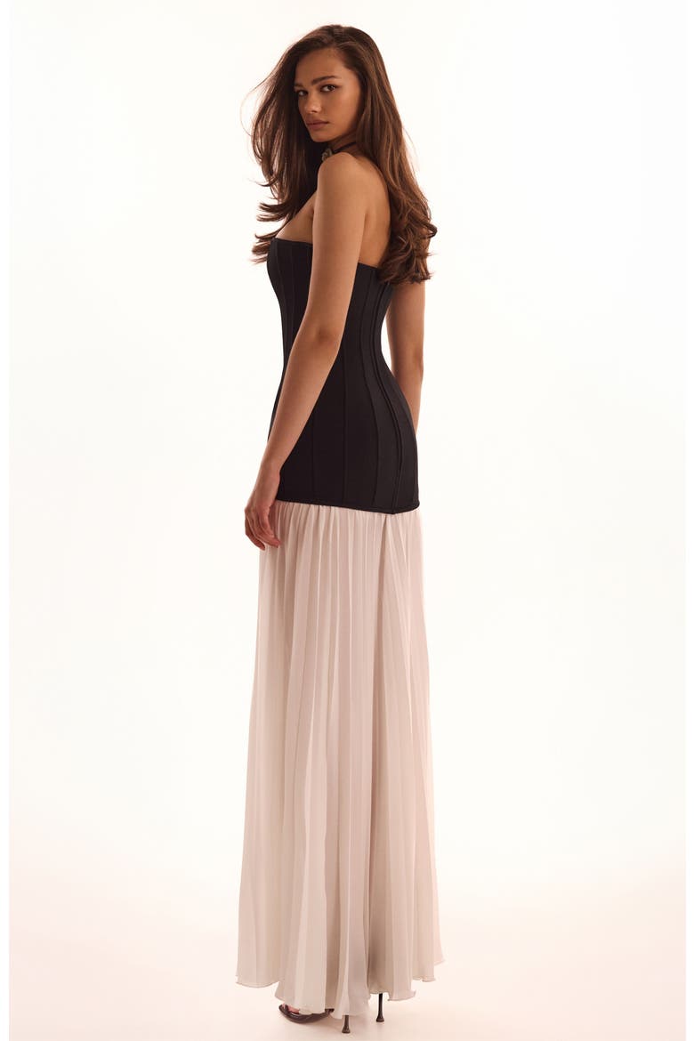 Strapless Formal Occasion Maxi Dress with Pleated Skirt in Black & White, Alternate, color, Black&White