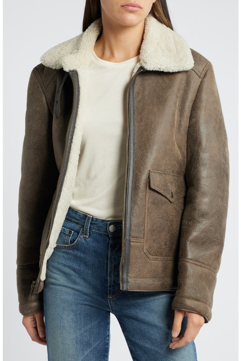 Genuine Shearling Lined Bomber Jacket, Alternate, color, BROWN