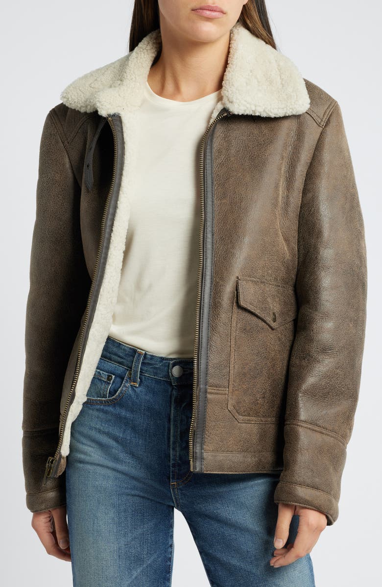Schott NYC Genuine Shearling Lined Bomber Jacket, Alternate, color, Brown