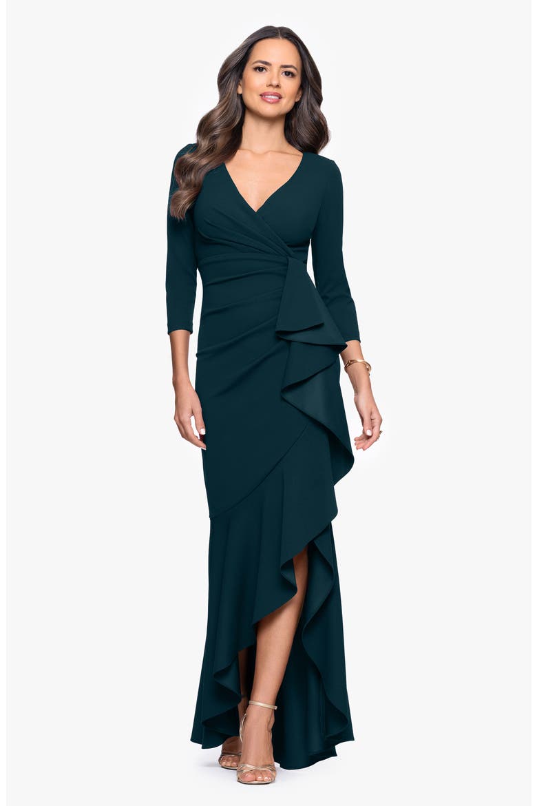 Ruffle Scuba Crepe Faux Wrap High-Low Mermaid Gown, Alternate, color, PINE