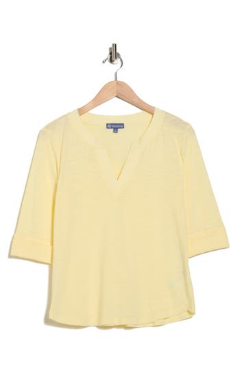 Democracy Split Neck Three-quarter Sleeve Top In Yellow