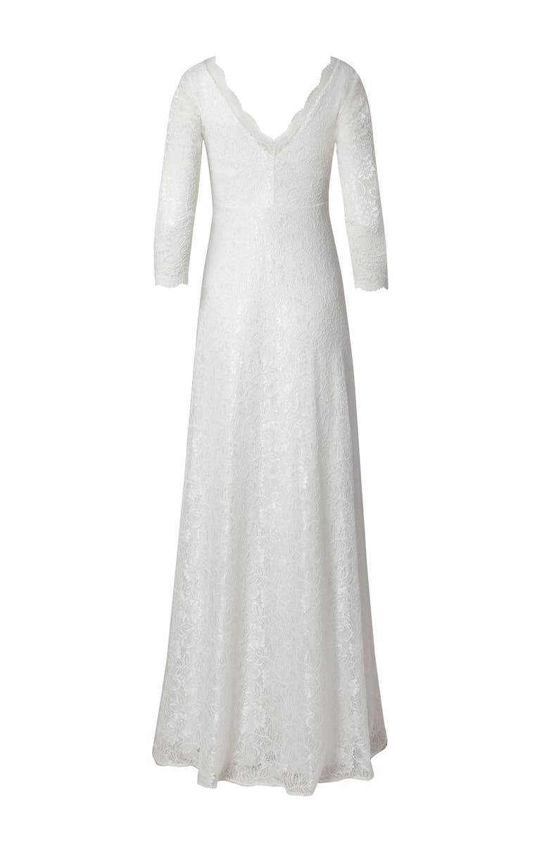 Alie Street London Anya 3/4 Sleeve V-Neck Lace Bridal Gown, Alternate, color, Ivory
