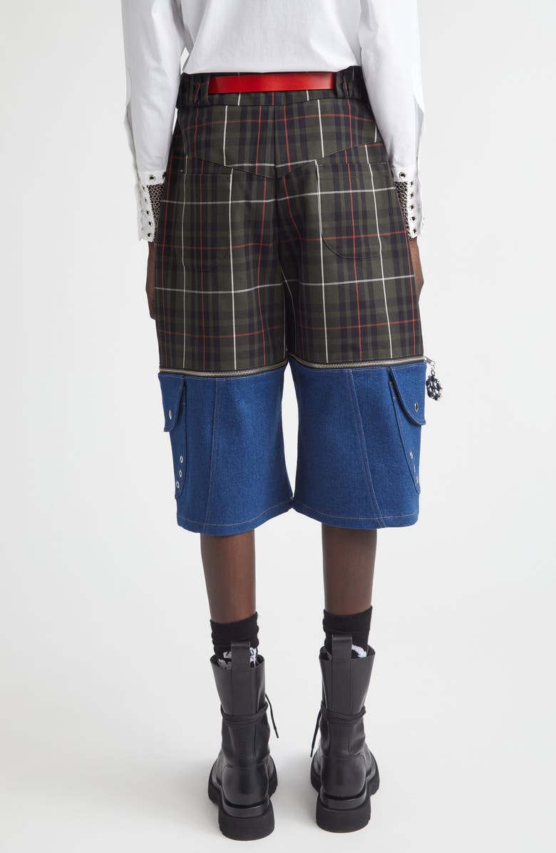 Chopova Lowena Tartan Extension Shorts with Detachable Denim Panels, Alternate, color, Blue And Green Multi