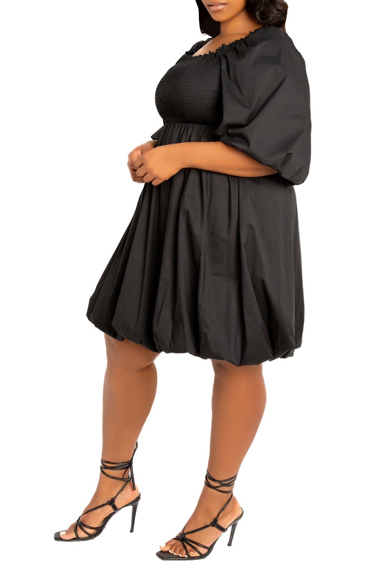 Smocked Puff Sleeve Cotton Blend Dress, Alternate, color, BLACK