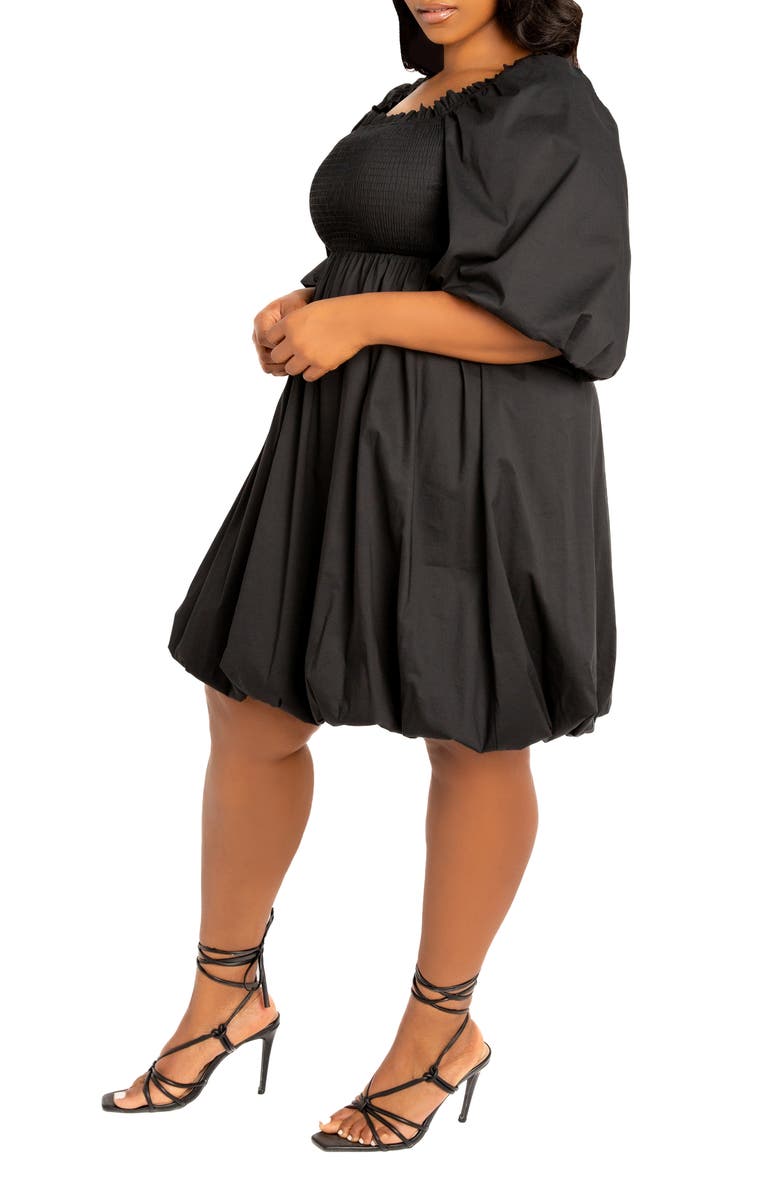 BUXOM COUTURE Smocked Puff Sleeve Cotton Blend Dress, Alternate, color, Black