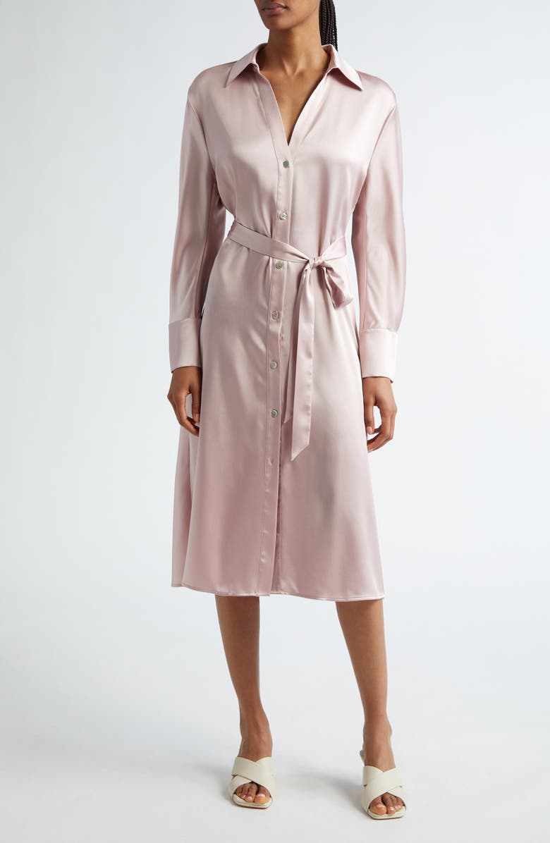 Vince Nouveau Magnolia Long Sleeve Satin Shirtdress, Main, color, Rose Pearl