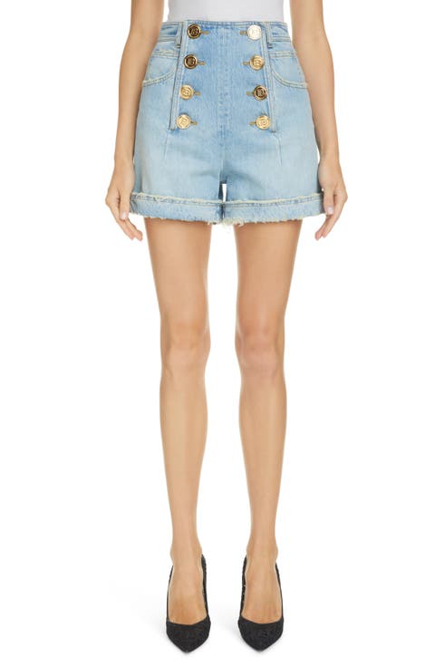 High Waist Button Front Cotton Denim Shorts