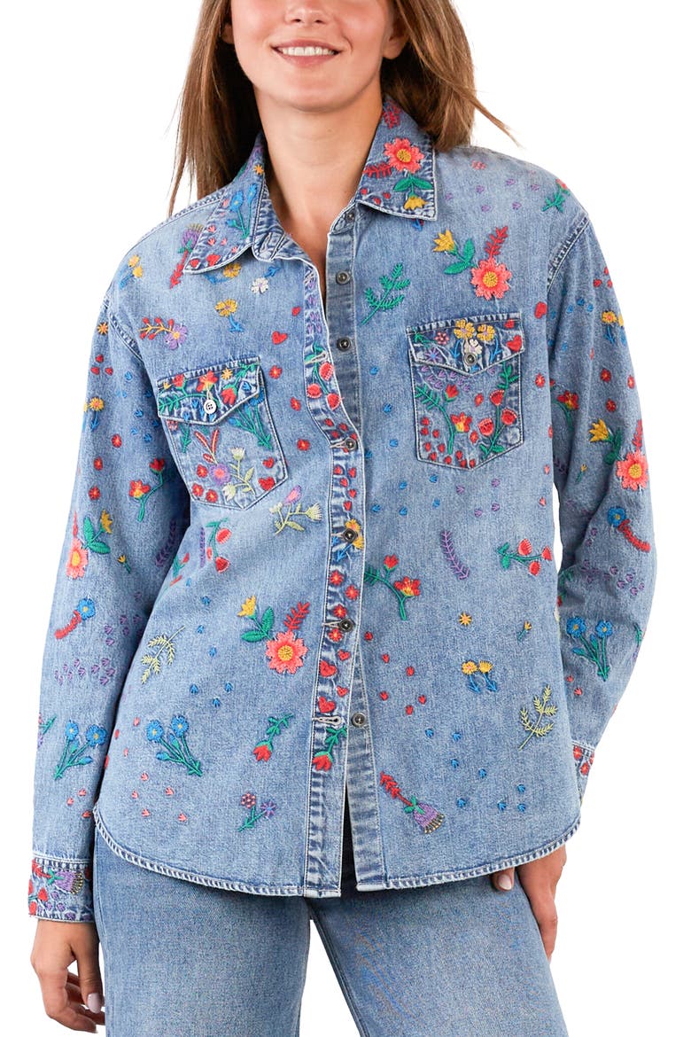 Embroidered Floral Garden Denim Shirt Jacket, Alternate, color, DENIM