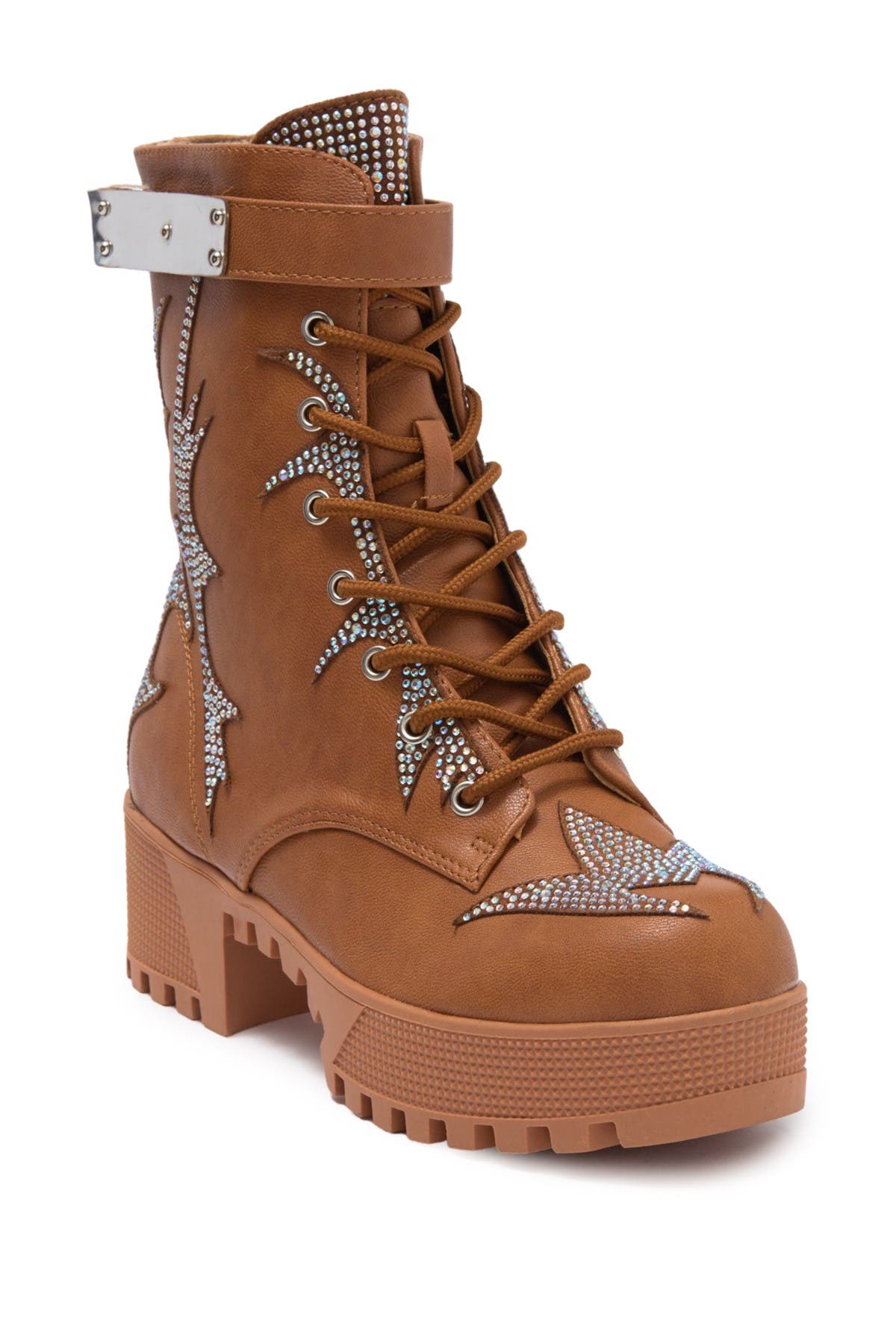 CHASE AND CHLOE Rhinestone Lug Sole Combat Boot, Alternate, color, Tan Pu