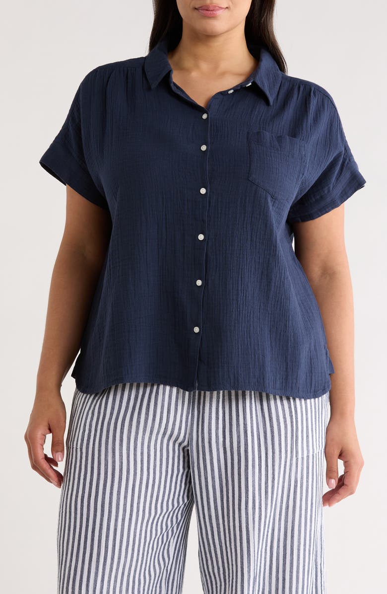 Caslon<sup>®</sup> Cotton Gauze Button-Up Shirt, Main, color, Navy Still
