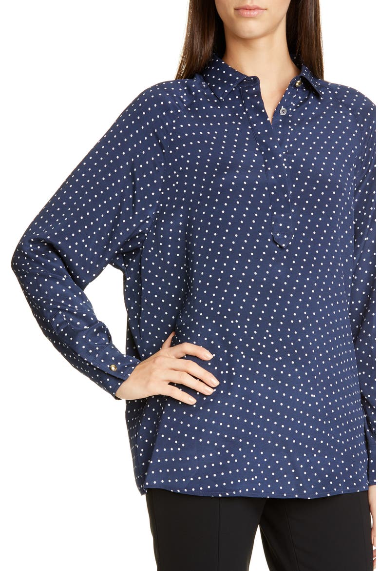 Polka Dot Print Stretch Silk Blouse, Alternate, color, NAVY/ WHITE