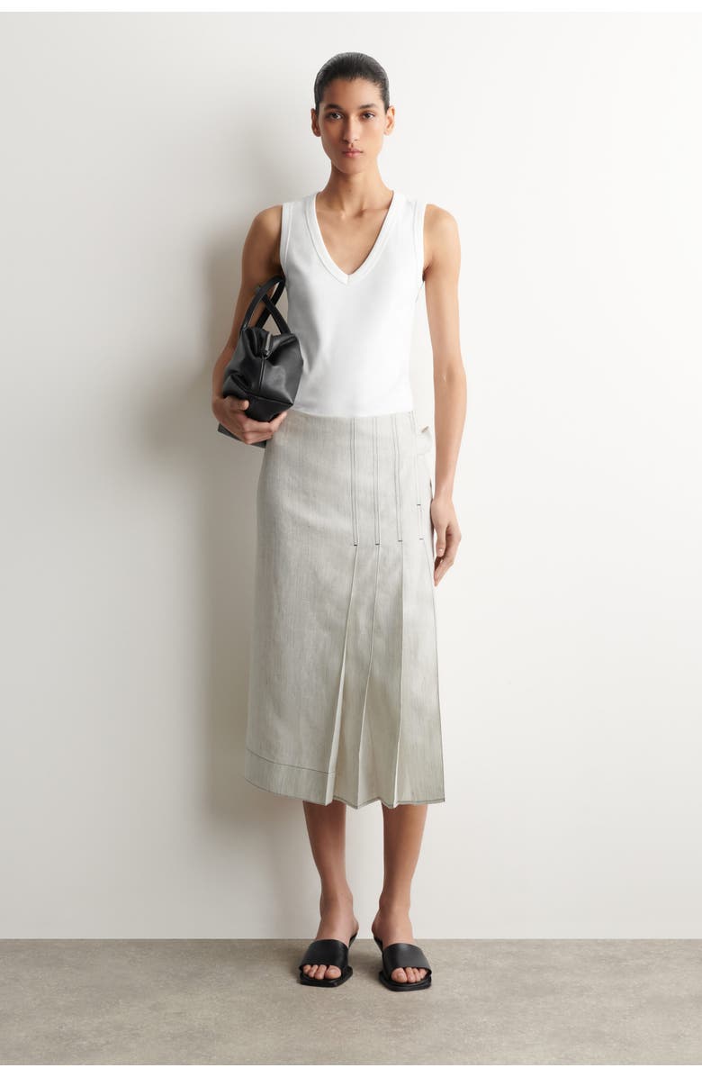 COS Belted Pleated Linen Midi Skirt, Main, color, Light Gray
