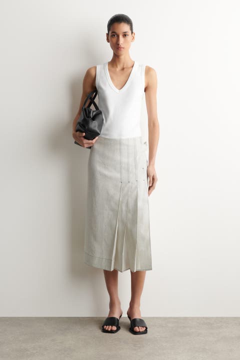 Belted Pleated Linen Midi Skirt