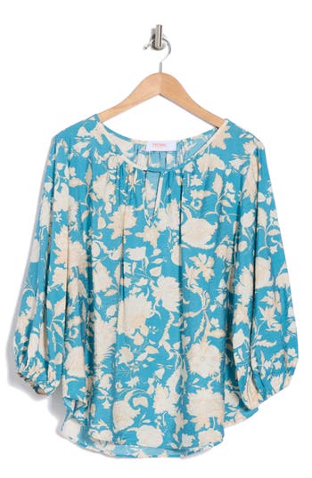 Renee C Floral Keyhole Long Sleeve Top In Blue
