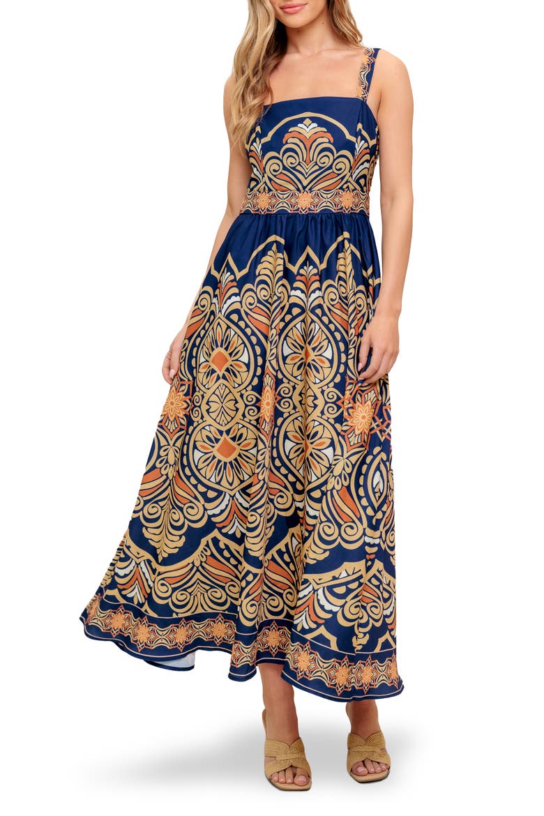 Square Neck Midi Dress, Main, color, NAVY