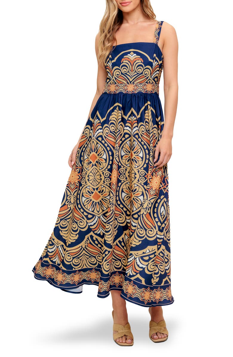 FLYING TOMATO Square Neck Midi Dress, Main, color, Navy