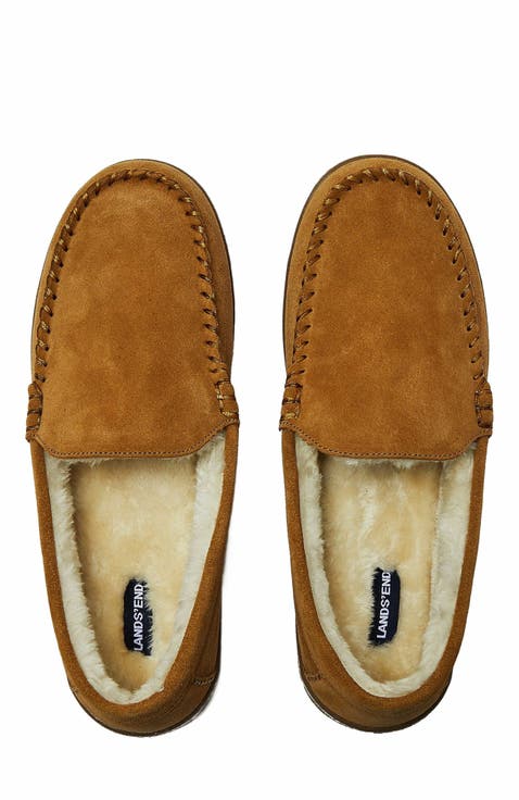 Wide Width Fuzzy Lined Suede Moccasin Slippers