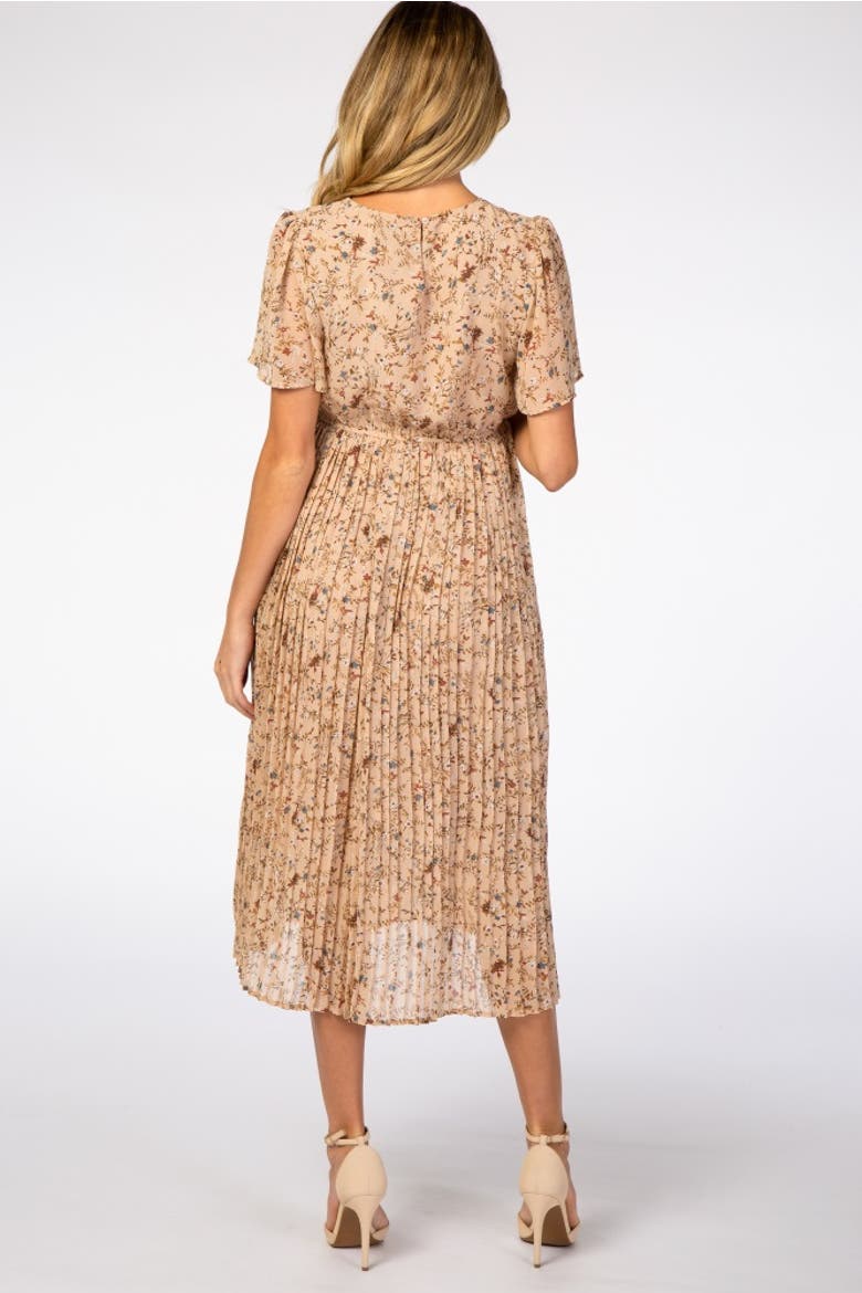 Floral Pleated Chiffon Midi Dress, Alternate, color, Beige