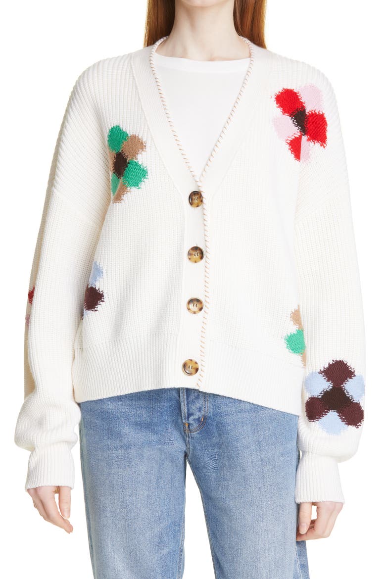 Intarsia Flower Cardigan, Main, color, CREAM MULTI