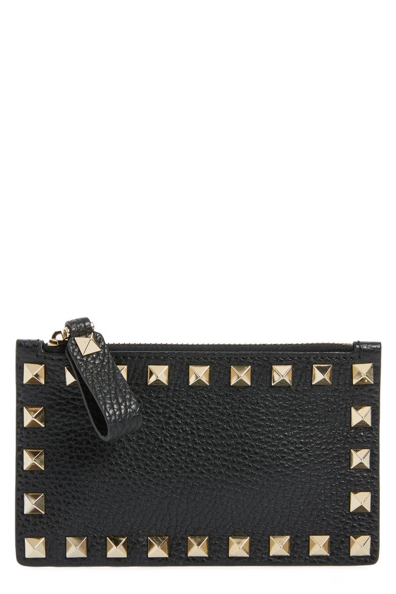 Rockstud Leather Zip Card Case, Main, color, NERO