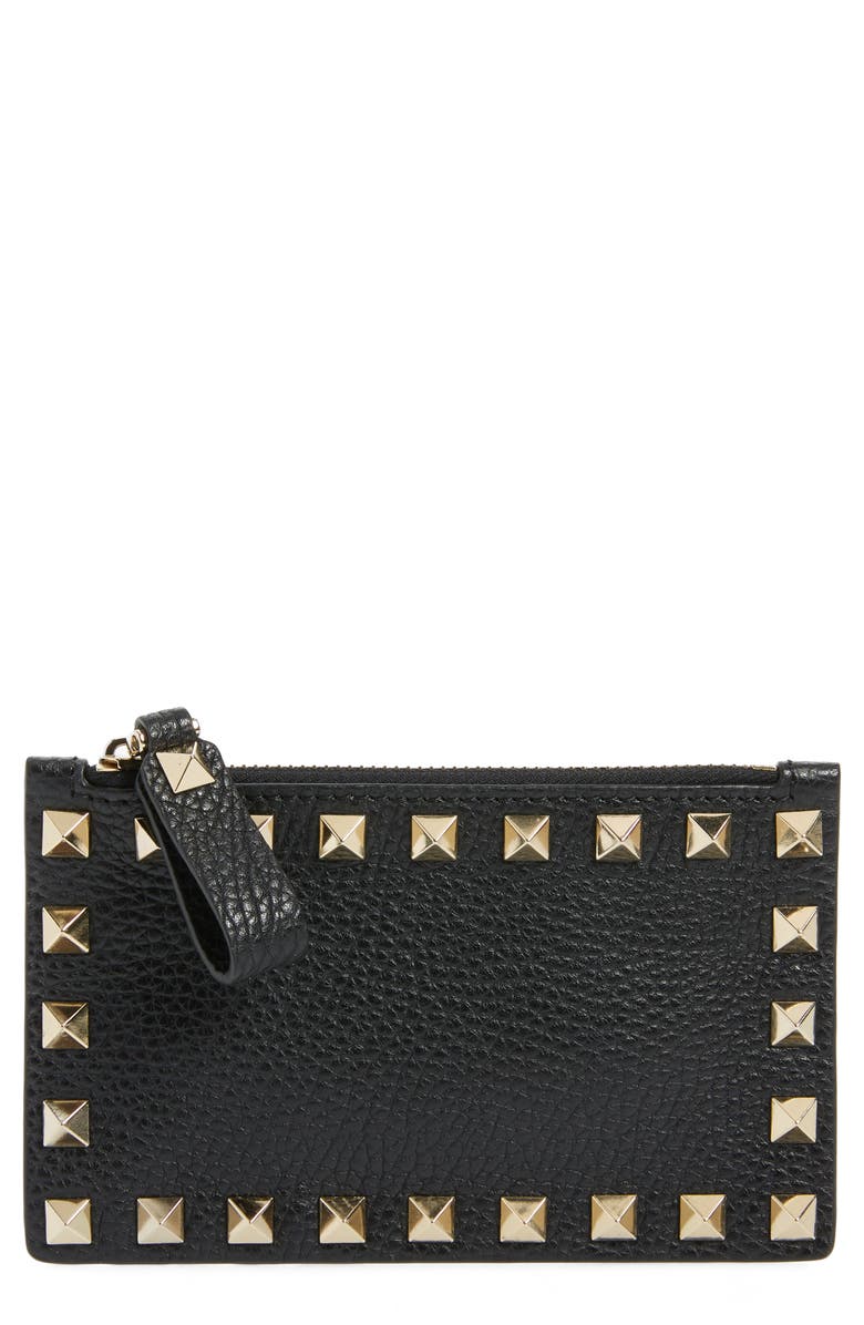 Valentino Garavani Rockstud Leather Zip Card Case, Main, color, 