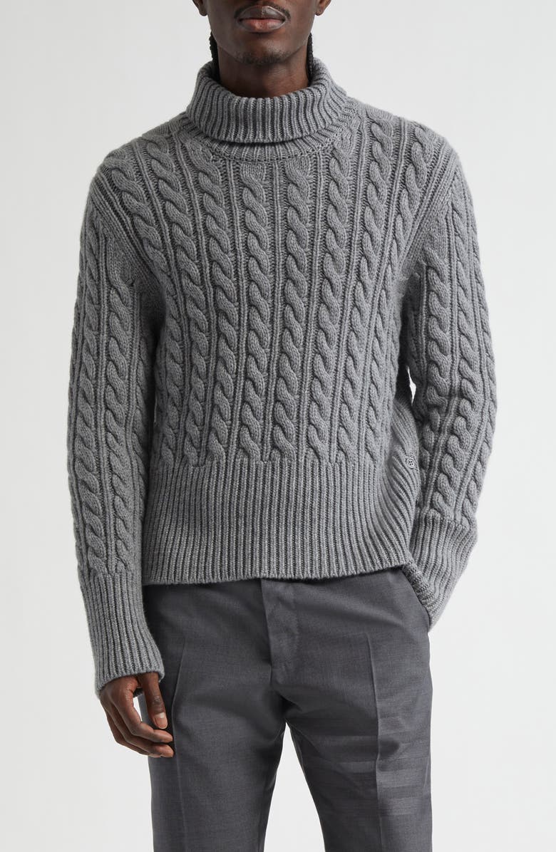 Thom Browne Classic Cable Knit Cashmere Turtleneck Sweater, Main, color, Light Grey