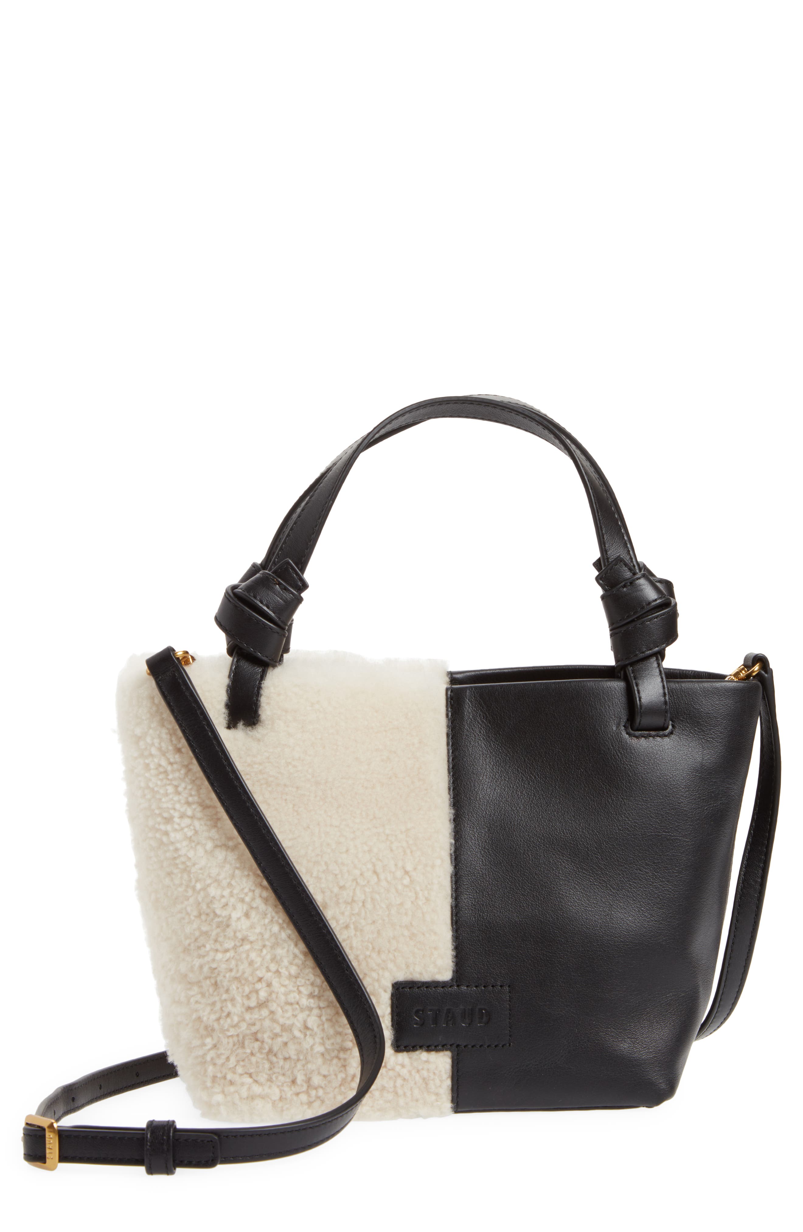STAUD Ida Mini Leather & Genuine Shearling Tote Bag, Main, color, 