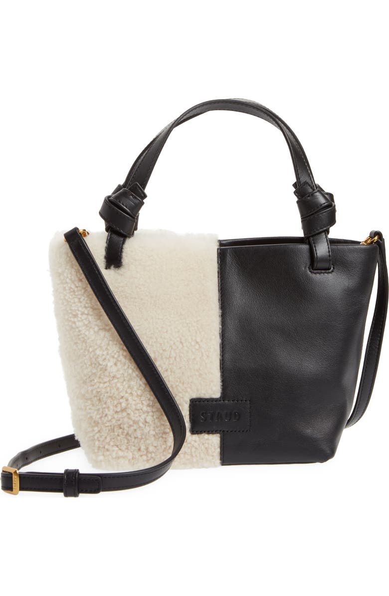STAUD Ida Mini Leather & Genuine Shearling Tote Bag, Main, color,