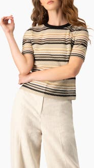 IVONNE Chevron Stripe Crochet Knit Top, Short Sleeve Textured Crew Neck