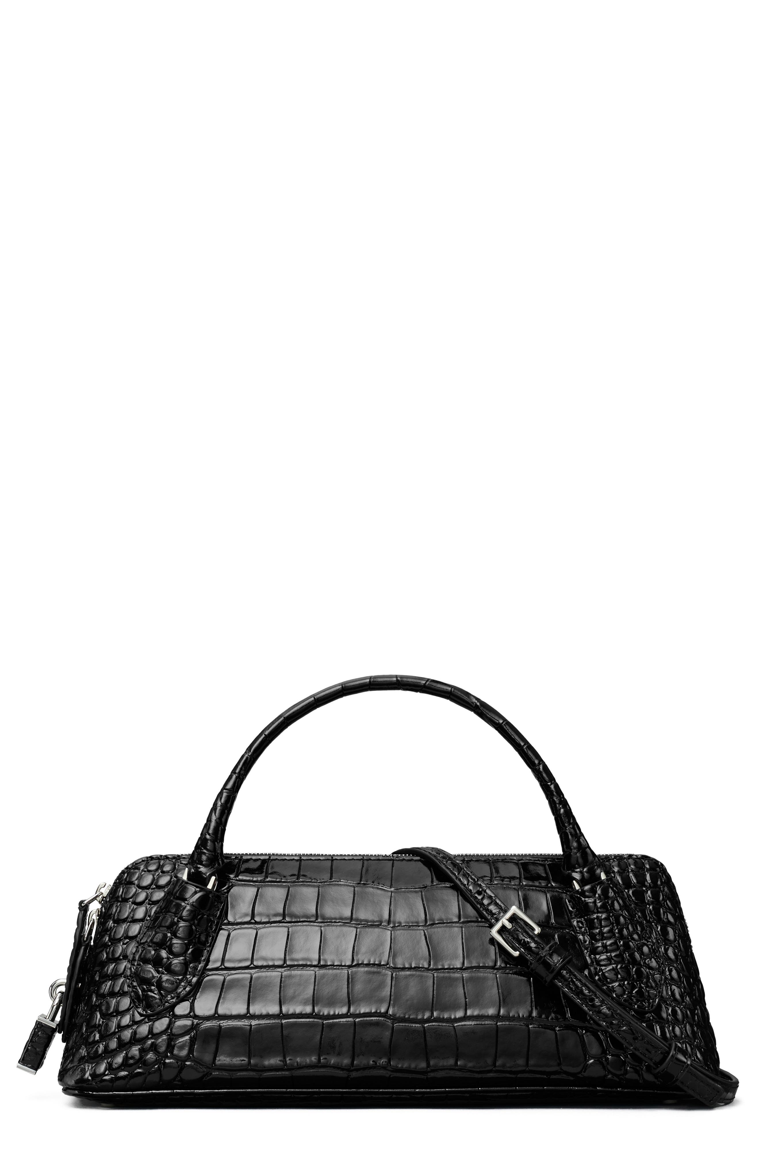 Lock Croc Embossed Leather Top Handle Bag, Main, color, BLACK